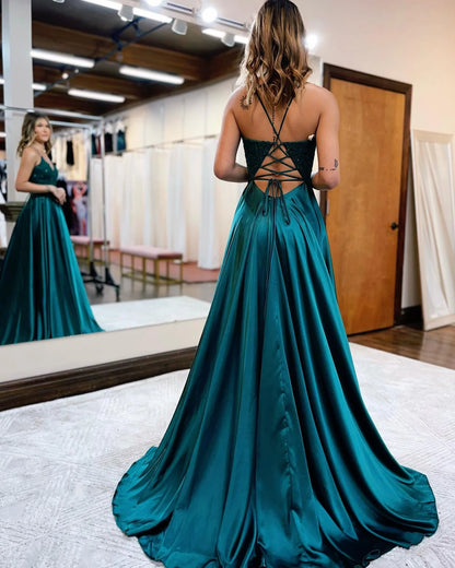 A-Line V-Neck Long Prom Dress Lace With Slit