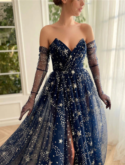 A-Line Prom Dresses Sparkle & Shine Dress Wedding Guest Birthday Sweep / Brush Train Sleeveless Strapless Tulle with Sequin Slit