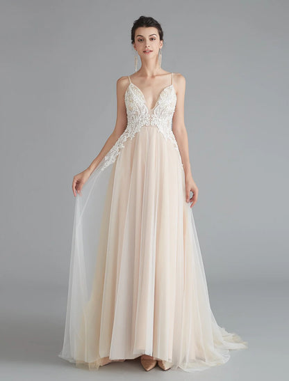 A-Line Prom Dresses Beautiful Back Dress Wedding Guest Sweep / Brush Train Sleeveless V Neck Lace with Beading