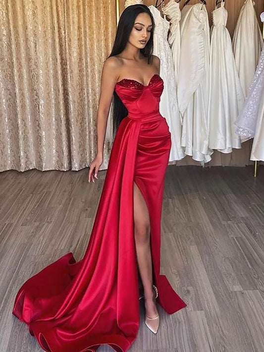 Burgundy Sweetheart Satin Long Prom Dress With Slit