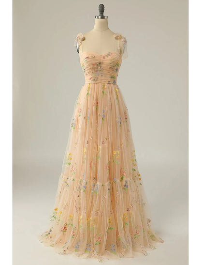 A-Line Prom Dresses Floral Dress Formal Floor Length Sleeveless Sweetheart Lace Backless with Pleats Ruched