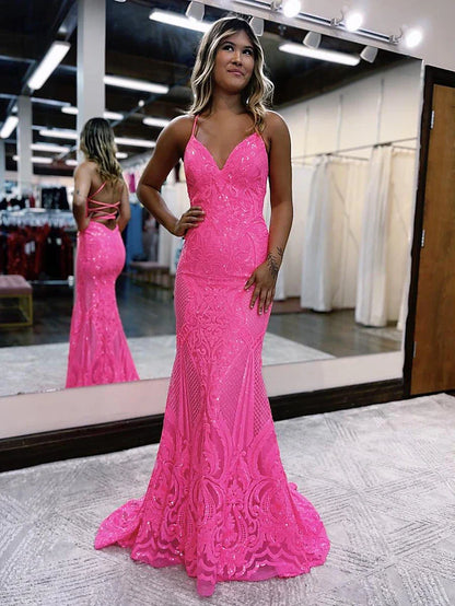 Mermaid / Trumpet Prom Dresses Sparkle & Shine Dress Formal Sweep / Brush Train Sleeveless V Neck Sequined Backless with Glitter Sequin