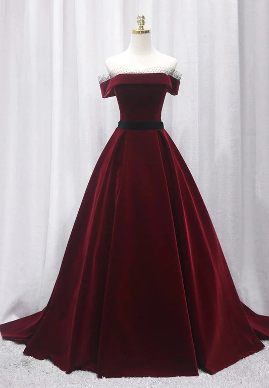 Burgundy Velvet Long Prom Dresses A-Line Evening Dresses