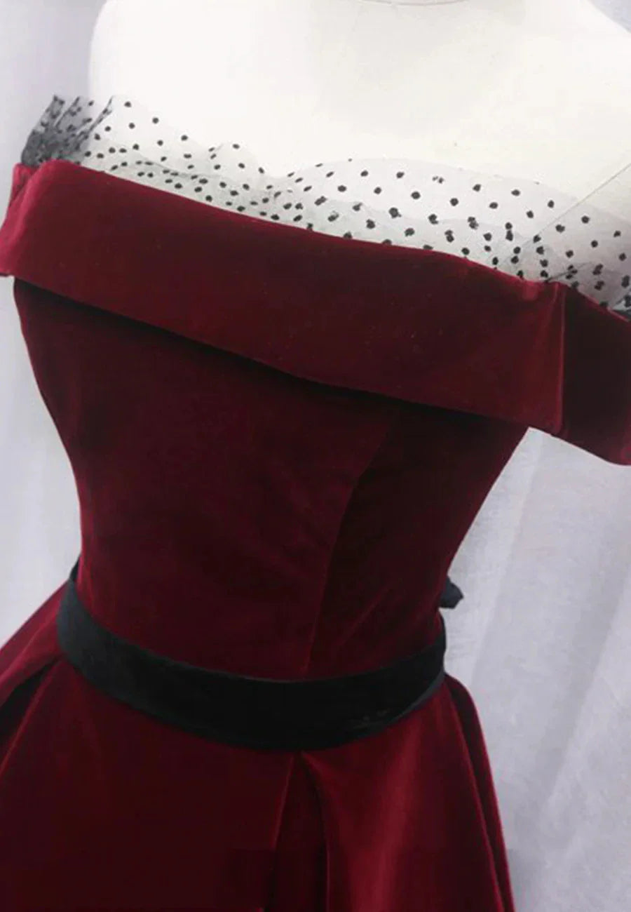 Burgundy Velvet Long Prom Dresses A-Line Evening Dresses