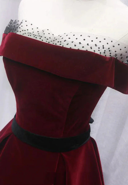 Burgundy Velvet Long Prom Dresses A-Line Evening Dresses