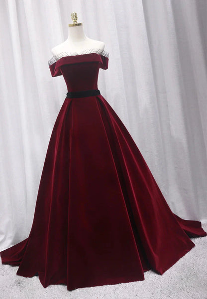 Burgundy Velvet Long Prom Dresses A-Line Evening Dresses