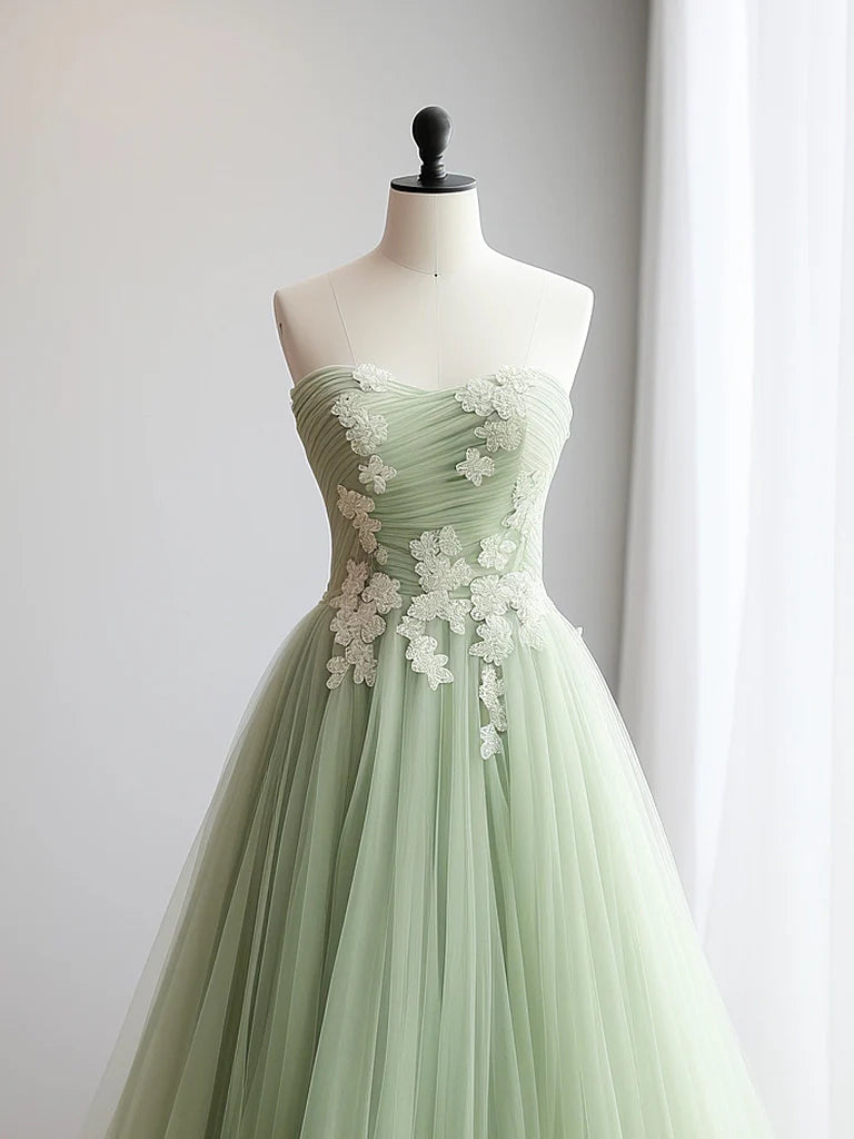 A-Line Sweetheart Neck Tulle Lace Applique Green Long Prom Dress Princess Dress