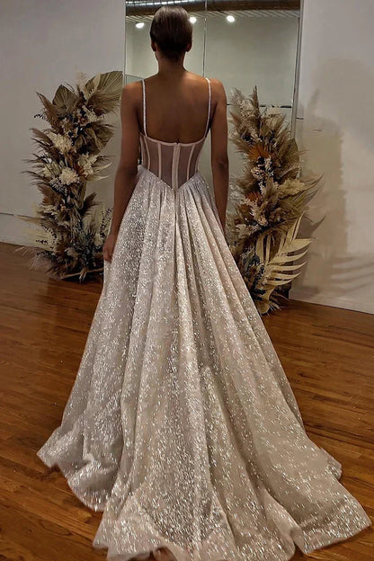 Lace Appliques Sparkly Wedding Dress Bridal Gown With Slit