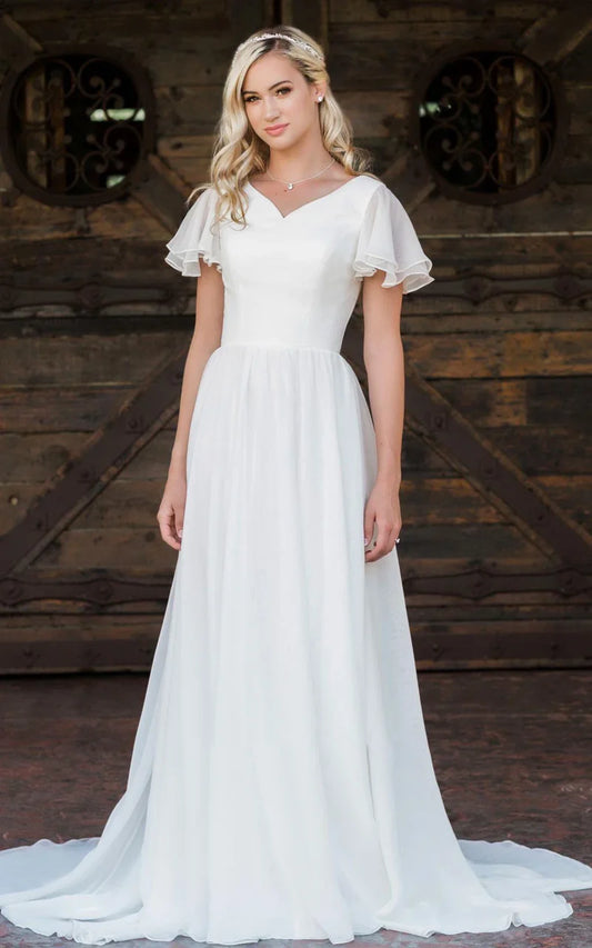 A Line V-neck Chiffon Floor-length Short Sleeve Wedding Dress with Ruffles