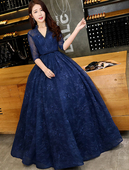 A-Line Evening Gown Beautiful Back Dress Wedding Guest Floor Length Half Sleeve V Neck Lace with Beading