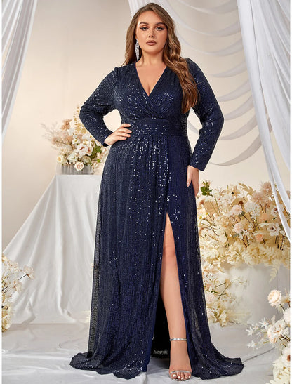 A-Line Evening Gown Plus Size Dress Formal Sweep / Brush Train Long Sleeve V Neck Polyester with Sequin Slit