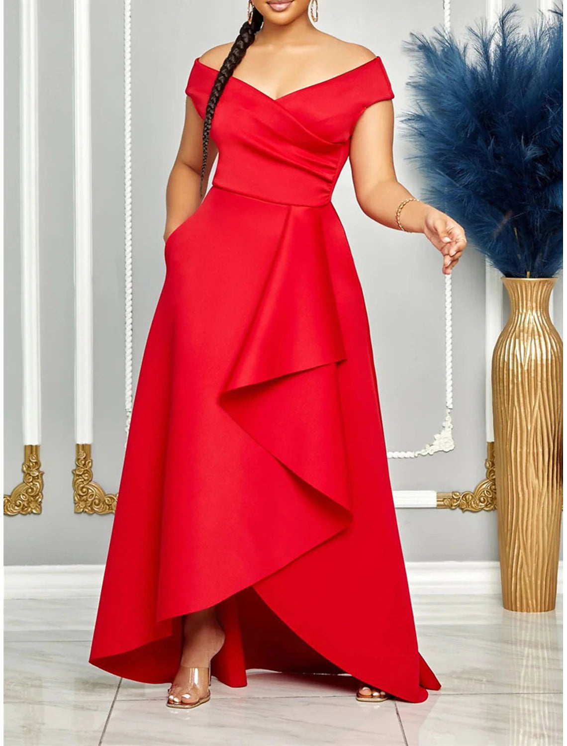 Party Dress Red Dress Ruffle V Neck Short Sleeve Vacation Elegant Formal Dress