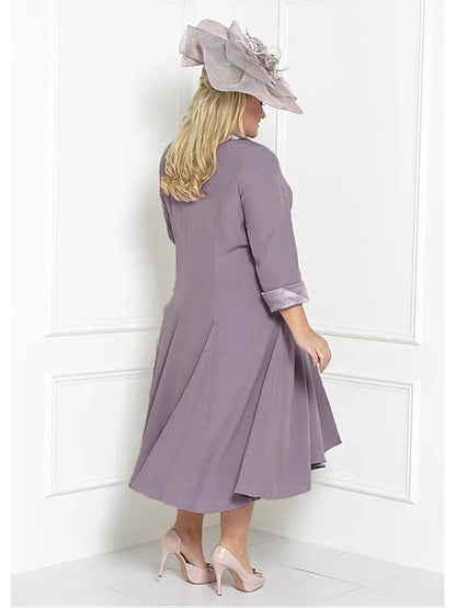 Two Piece Sheath / Column Mother of the Bride Dress Church Plus Size Wrap Included Square Neck Tea Length Charmeuse 3/4 Length Sleeve with Sash / Ribbon Ruching