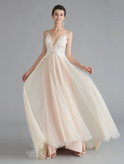 A-Line Prom Dresses Beautiful Back Dress Wedding Guest Sweep / Brush Train Sleeveless V Neck Lace with Beading