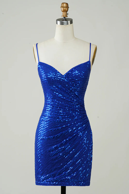 Sparkly Bodycon Spaghetti Straps Backless Royal Blue Sequins Short Homecoming Dress
