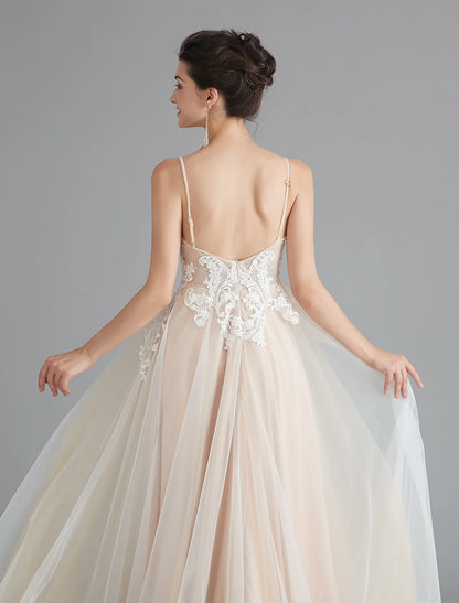 A-Line Prom Dresses Beautiful Back Dress Wedding Guest Sweep / Brush Train Sleeveless V Neck Lace with Beading