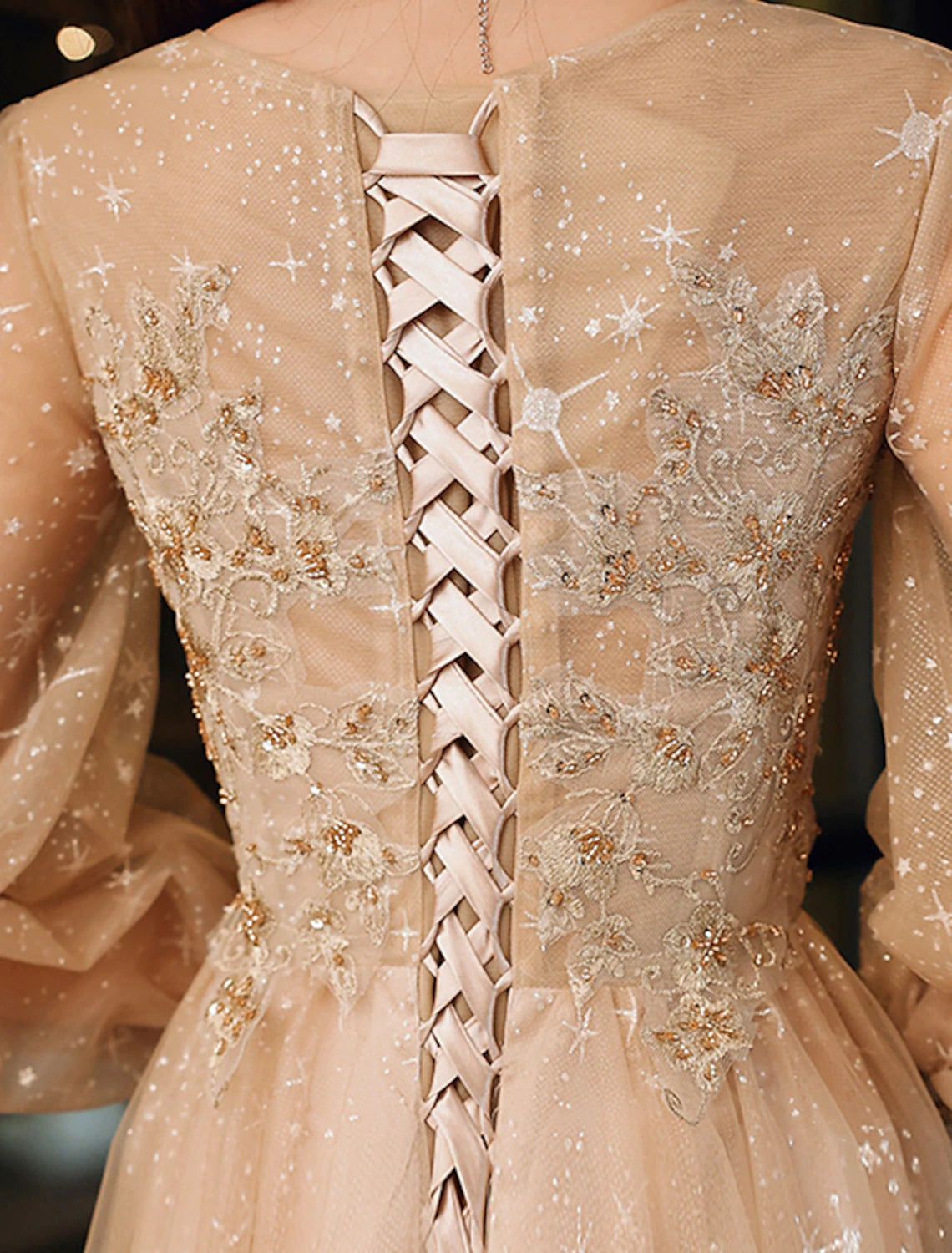 A-Line Prom Dresses Wedding Guest Floor Length Long Sleeve Jewel Neck Tulle with Sequin Appliques