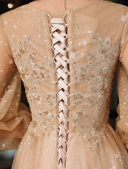 A-Line Prom Dresses Wedding Guest Floor Length Long Sleeve Jewel Neck Tulle with Sequin Appliques