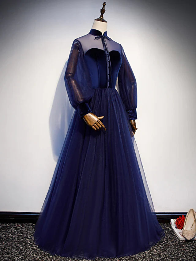 A-Line Prom Dresses Vintage Dress Party Wear Floor Length Long Sleeve Stand Collar Tulle with Bow(s) Strappy
