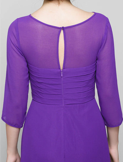 A-Line Mother of the Bride Dress Elegant Scoop Neck Ankle Length Chiffon 3/4 Length Sleeve No with Ruched