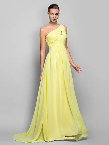 Sheath / Column Minimalist Dress Holiday Sweep / Brush Train Sleeveless One Shoulder Georgette with Criss Cross Ruched