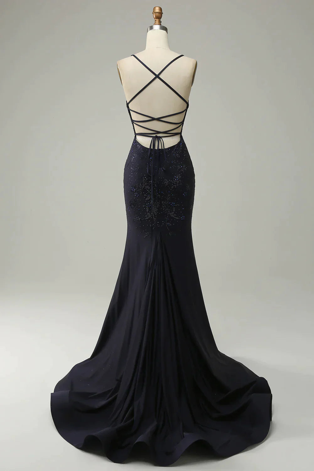 Navy Spaghetti Straps Beaded Prom Dress Split With Lace Up Back