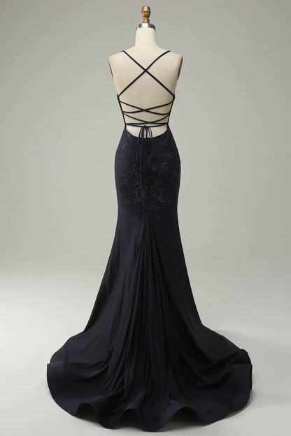 Navy Spaghetti Straps Beaded Prom Dress Split With Lace Up Back